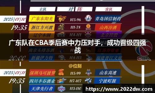 广东队在CBA季后赛中力压对手，成功晋级四强战